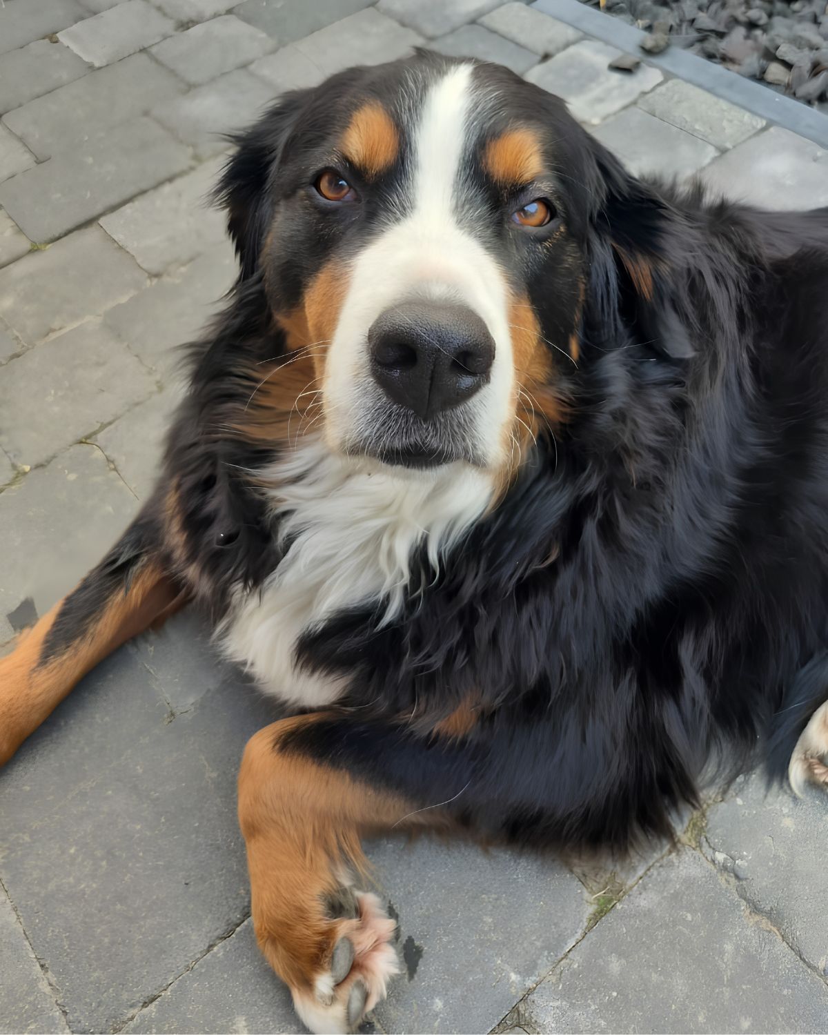 Berner Sennenhund liegt entspannt auf einer gepflasterten Terrasse und blickt aufmerksam und freundlich in die Kamera.