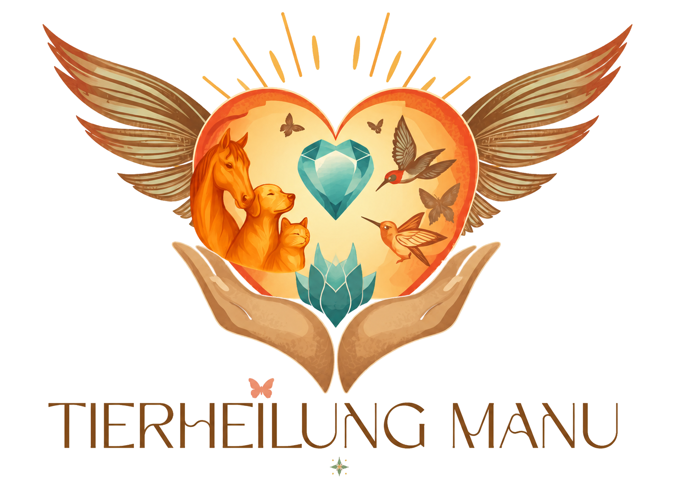 Logo von Tierheilung Manu mit Herz, Flügeln, Hund, Katze, Pferd und Symbolen für Heilung, Tierkommunikation und energetische Begleitung.